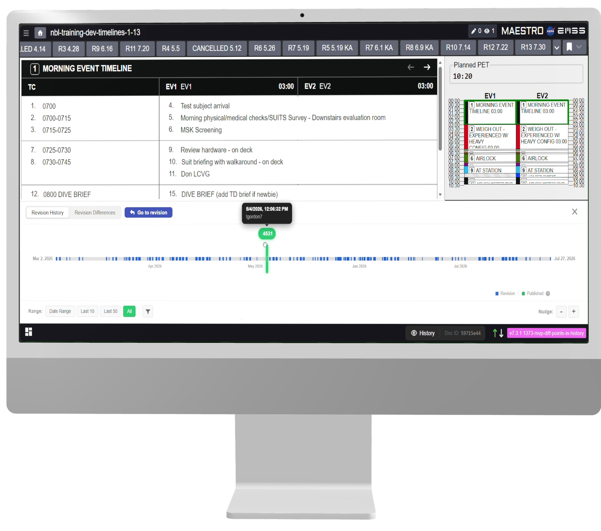 MAESTRO revision history interface shown inside a desktop monitor mockup
